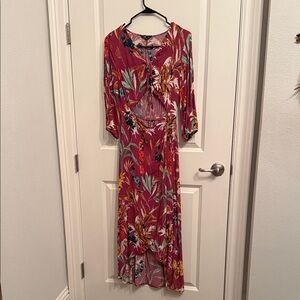 Express Pink Floral Maxi Dress with Green & Yellow Print
